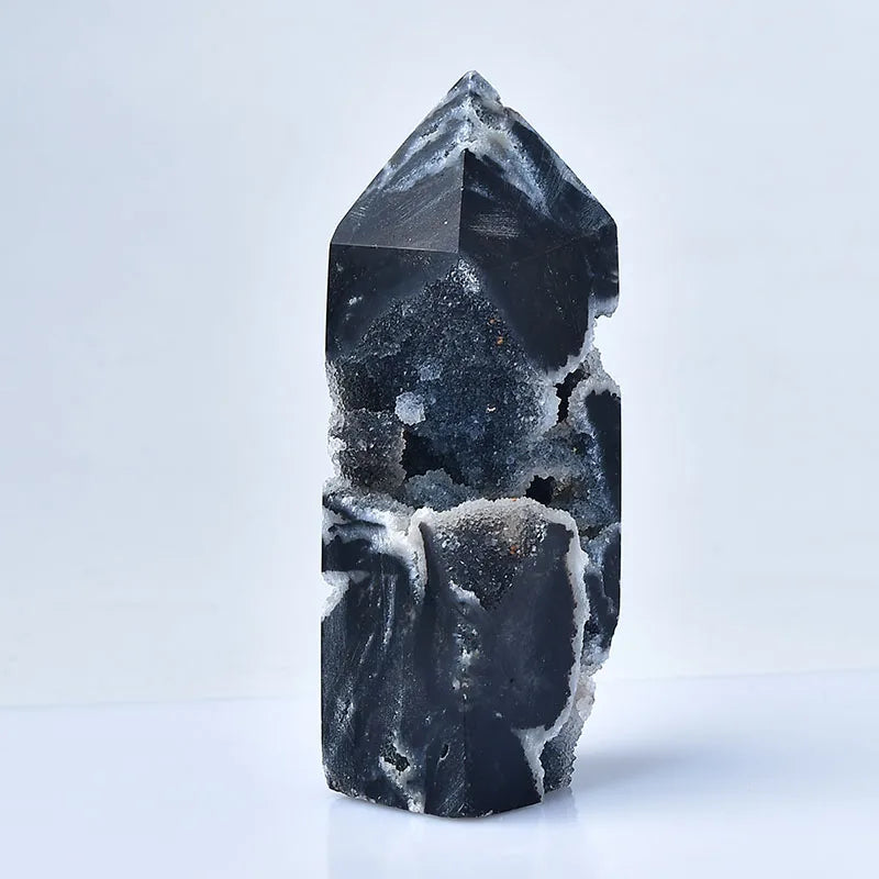 Natural Black Agate Point Wand – Healing Crystal Tower with Druzy Accents