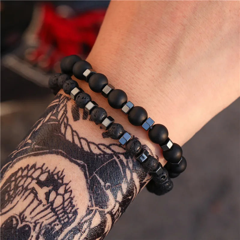 Set of Two Beaded Bracelets - Lava Stone, Agate & Tiger Eye