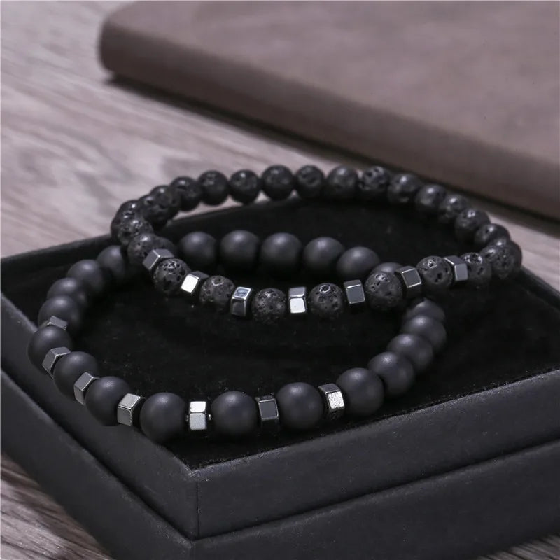 Set of Two Beaded Bracelets - Lava Stone, Agate & Tiger Eye