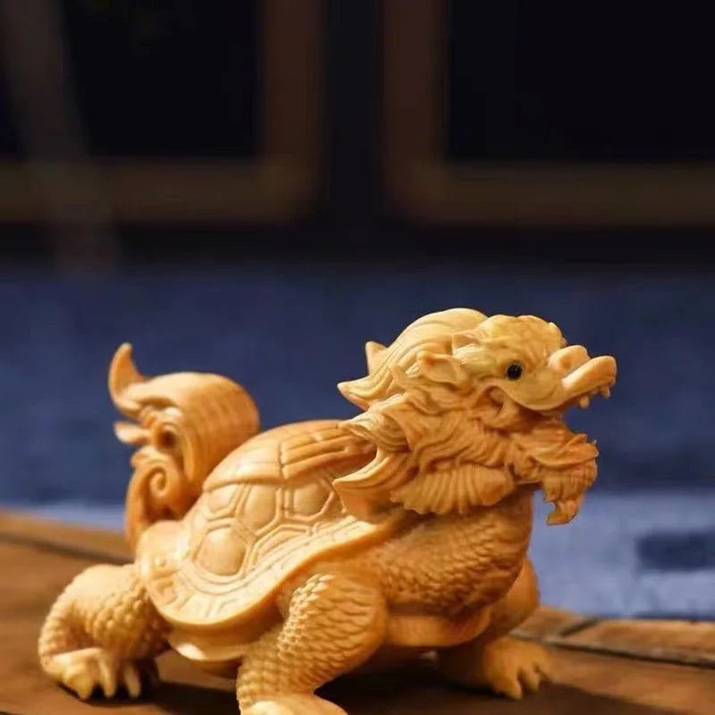 Hand-Carved Natural Cypress Solidwood Longevity Dragon Turtle Statue - Zen Decor for Home & Office
