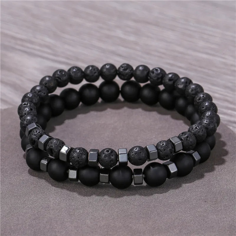 Set of Two Beaded Bracelets - Lava Stone, Agate & Tiger Eye