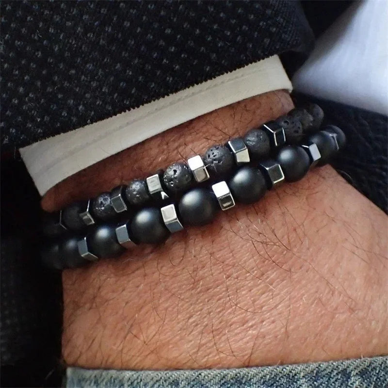 Set of Two Beaded Bracelets - Lava Stone, Agate & Tiger Eye