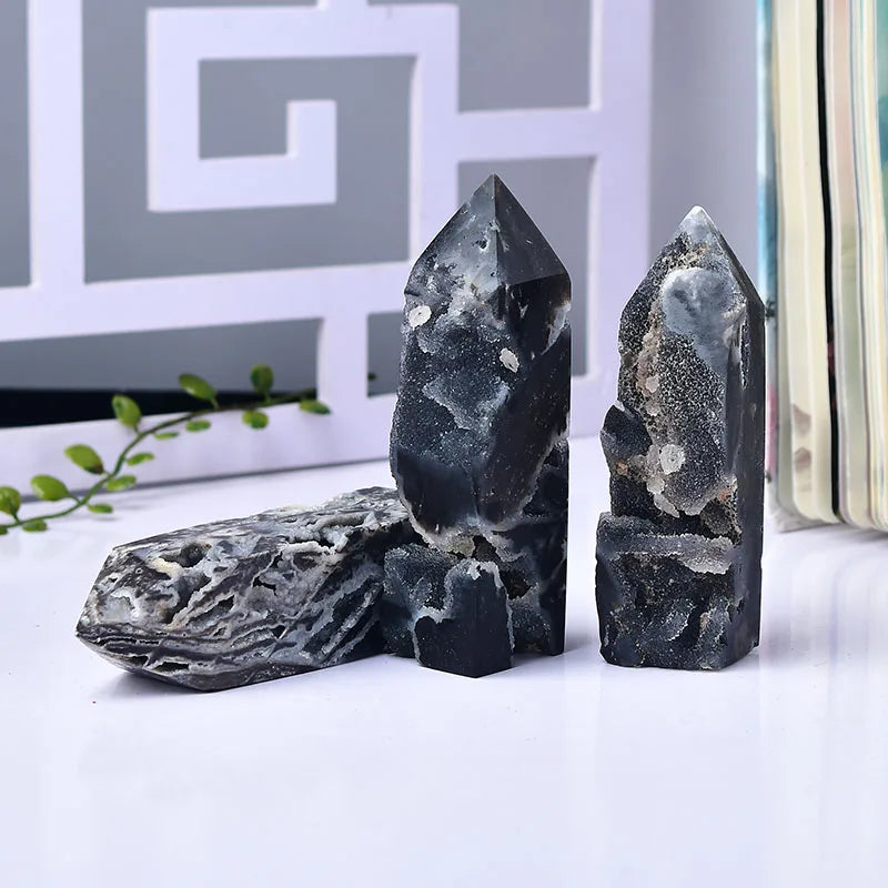 Natural Black Agate Point Wand – Healing Crystal Tower with Druzy Accents