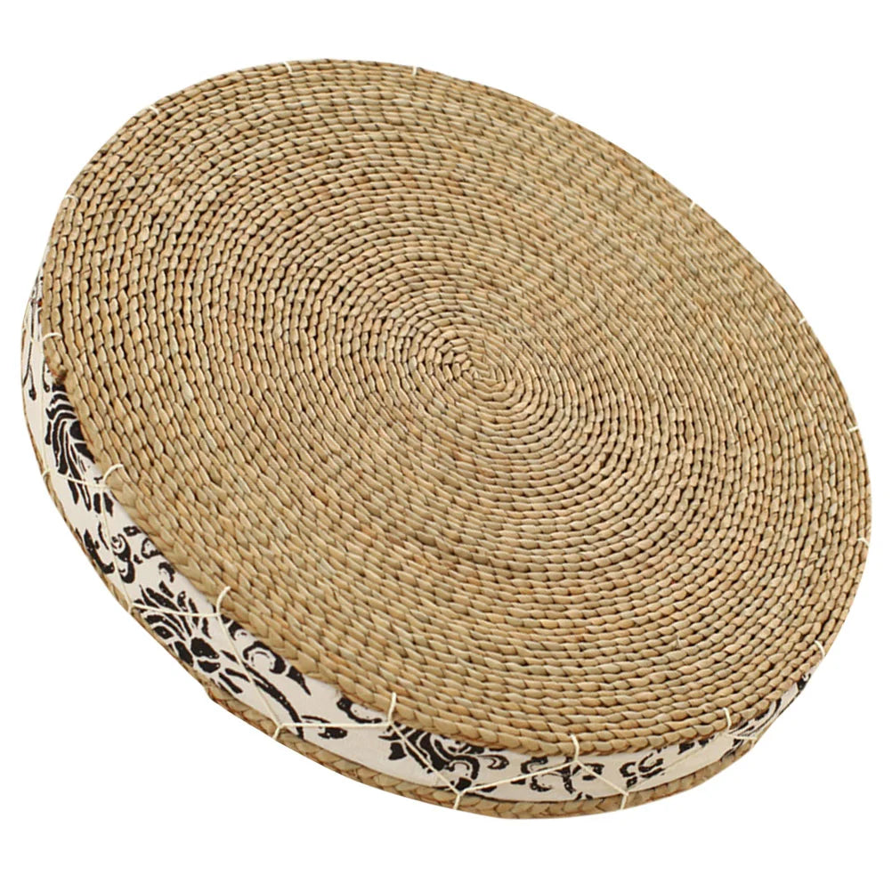 Round Rattan Pouf – Silk Cushion for Meditation & Yoga