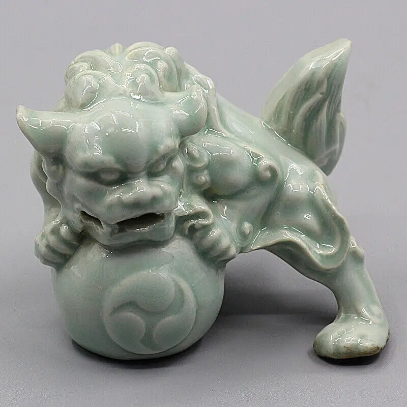 Chinese Song Hutian Kiln Celadon Porcelain Foo Fu Dog Lion Statue for Decorative Display Collectible Gift