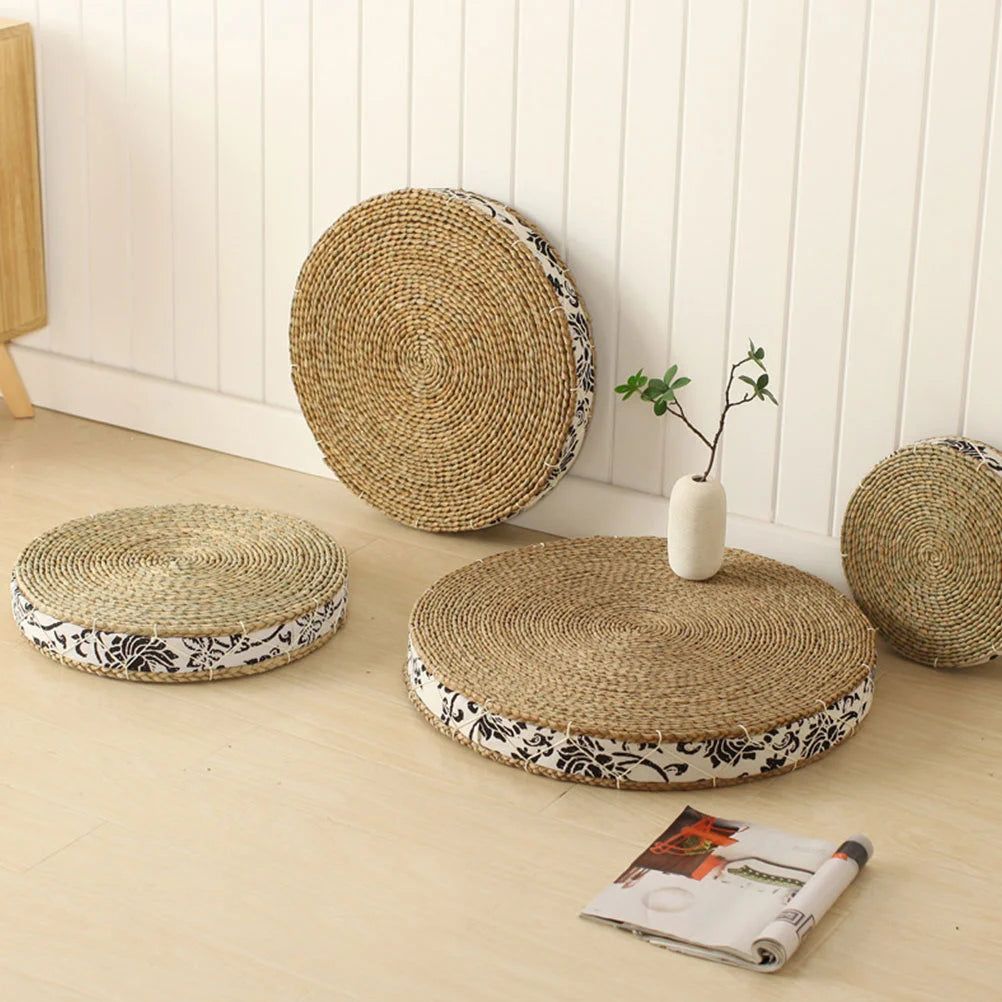 Round Rattan Pouf – Silk Cushion for Meditation & Yoga