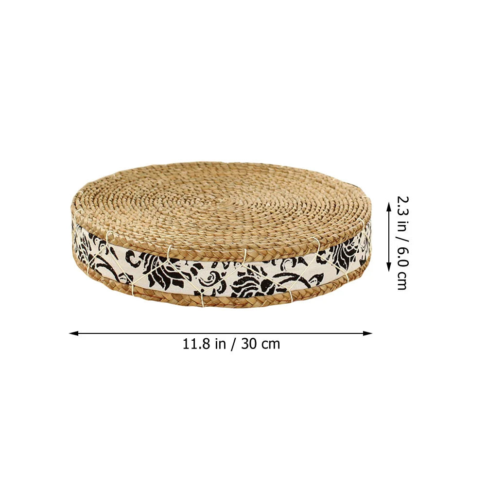 Round Rattan Pouf – Silk Cushion for Meditation & Yoga