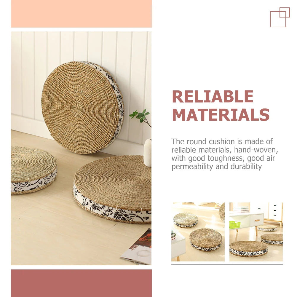 Round Rattan Pouf – Silk Cushion for Meditation & Yoga