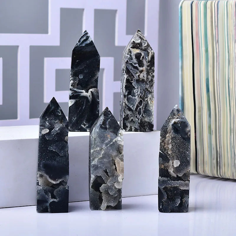 Natural Black Agate Point Wand – Healing Crystal Tower with Druzy Accents