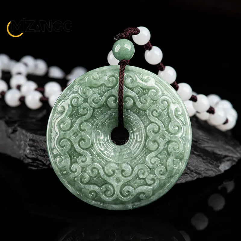 Authentic Natural Jadeite Bean Green Antique Ruyi Pattern Peace Buckle Pendant – Unisex Jade Necklace