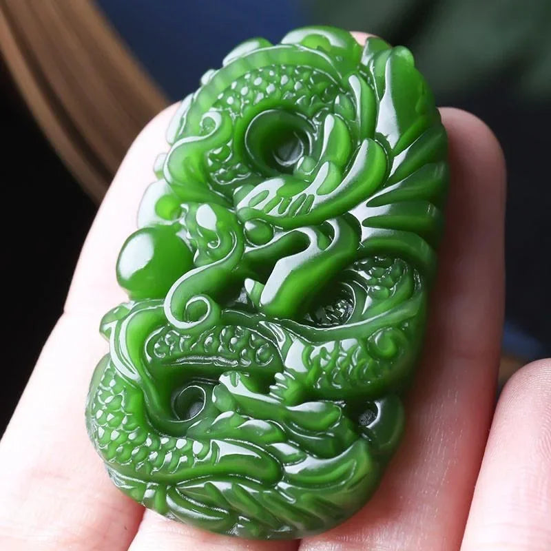 Natural Green Jade Dragon Pendant Necklace – Symbol of Power and Good Fortune