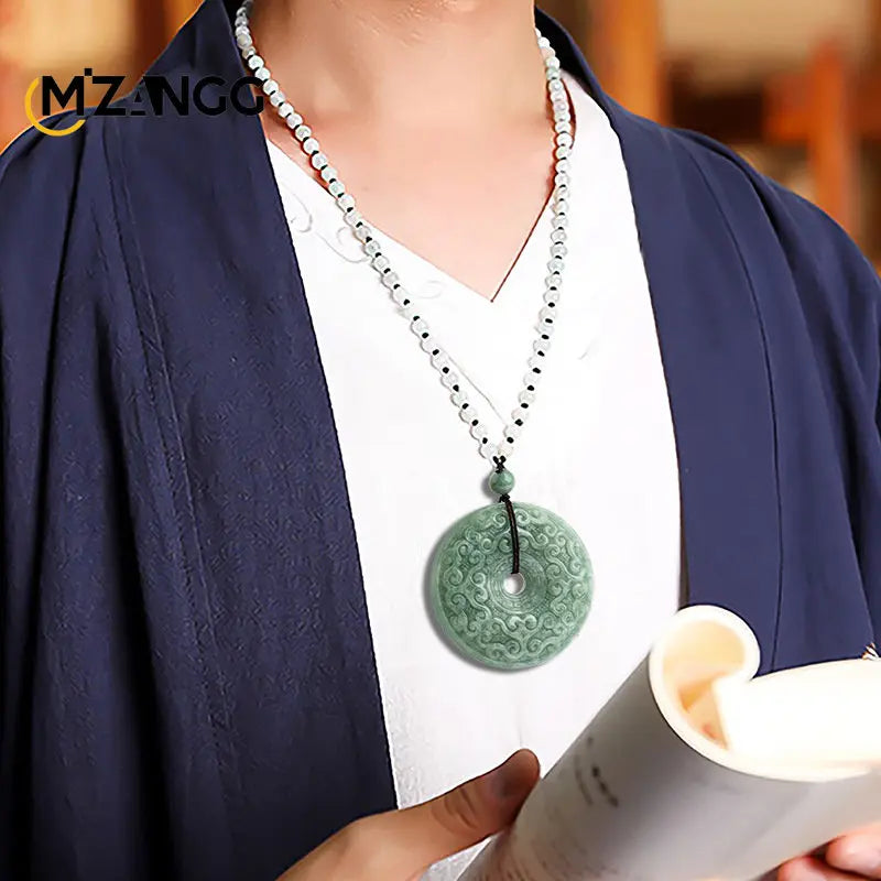 Authentic Natural Jadeite Bean Green Antique Ruyi Pattern Peace Buckle Pendant – Unisex Jade Necklace