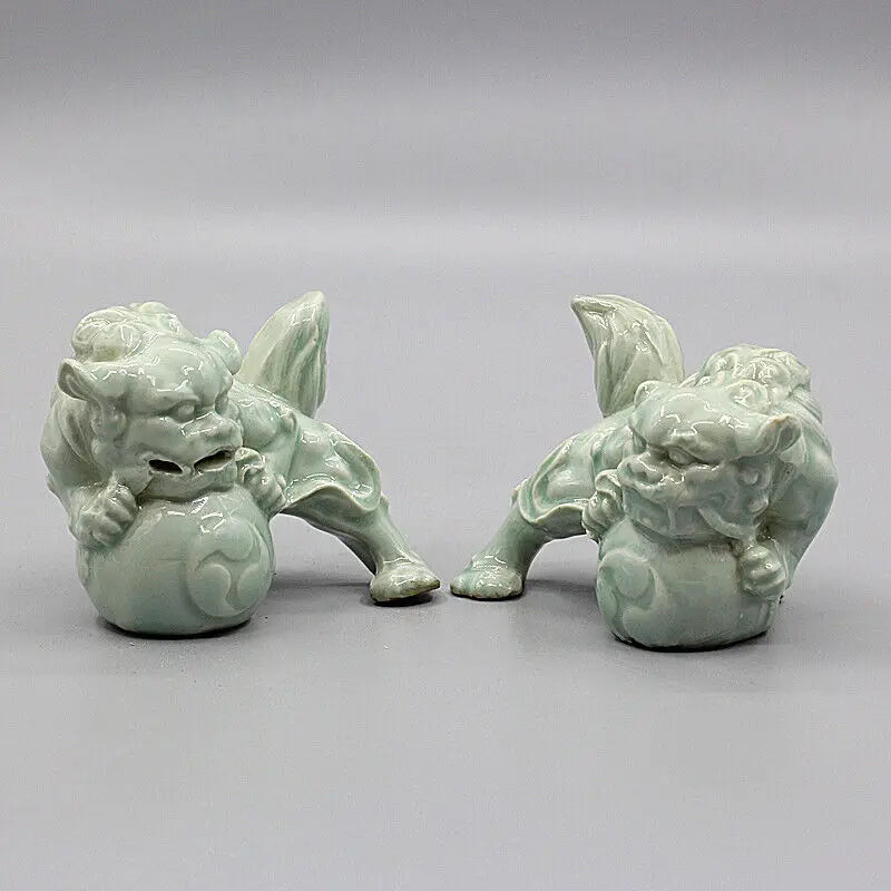 Chinese Song Hutian Kiln Celadon Porcelain Foo Fu Dog Lion Statue for Decorative Display Collectible Gift