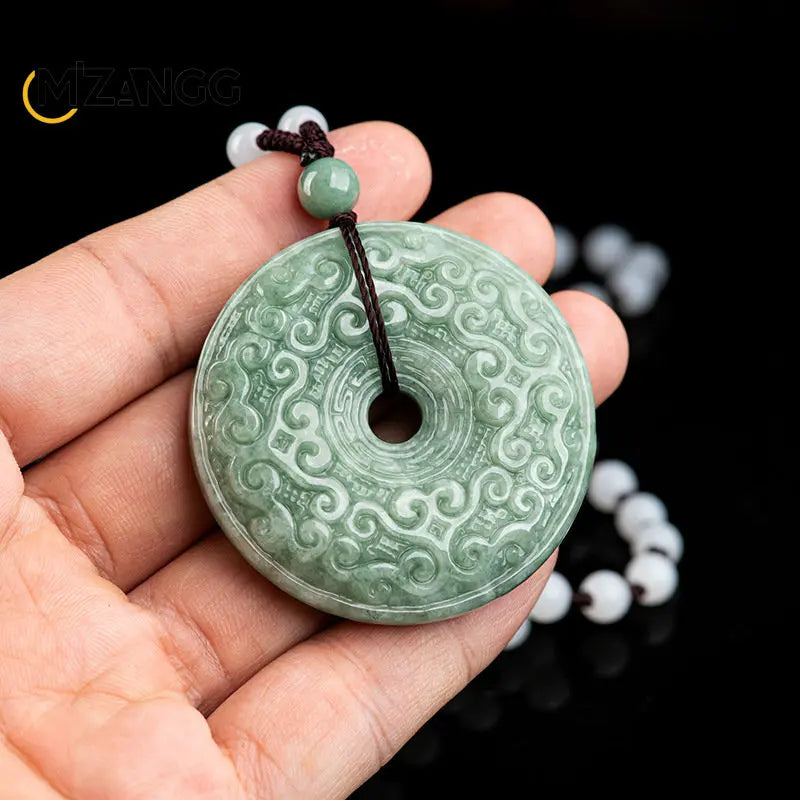 Authentic Natural Jadeite Bean Green Antique Ruyi Pattern Peace Buckle Pendant – Unisex Jade Necklace