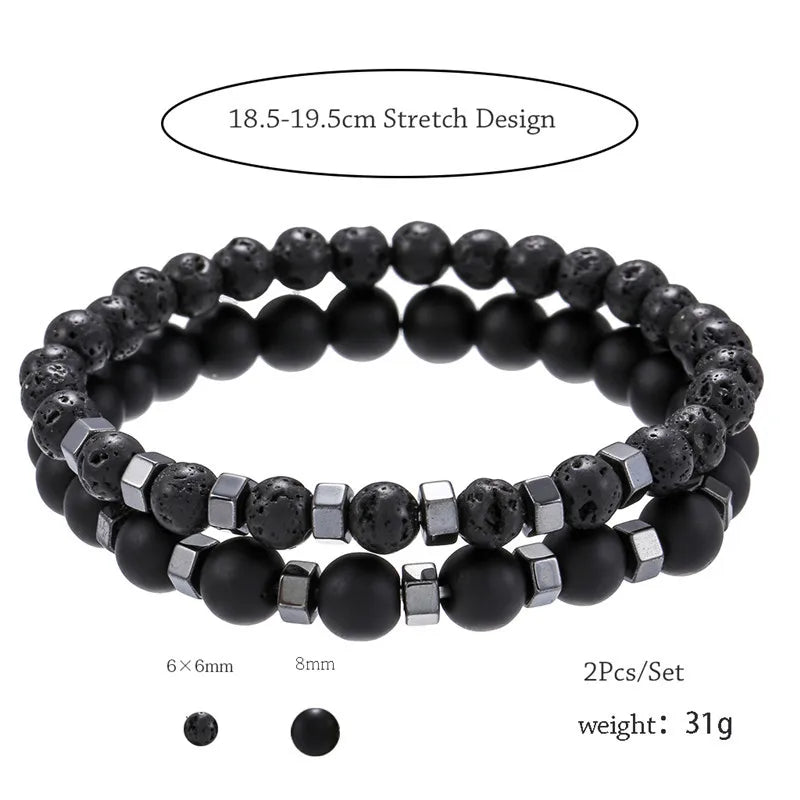 Set of Two Beaded Bracelets - Lava Stone, Agate & Tiger Eye