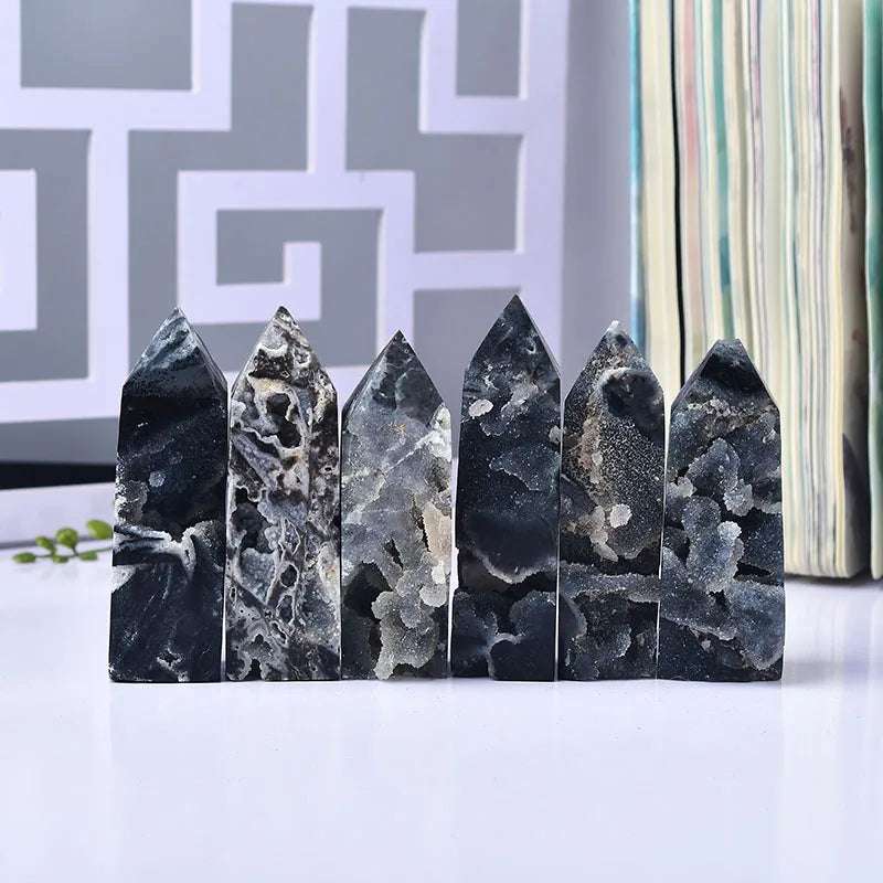 Natural Black Agate Point Wand – Healing Crystal Tower with Druzy Accents