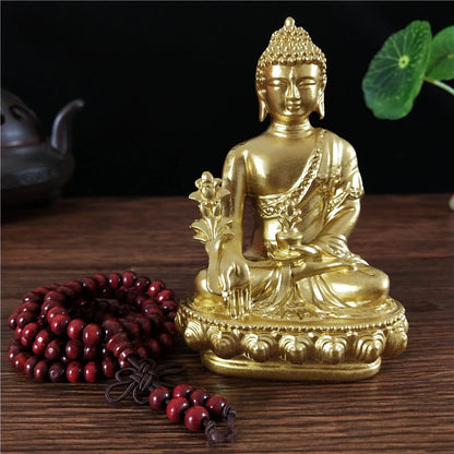 Goldn Medicine Buddha Statue With Necklace Ornament Resin Feng Shui Lucky Buddha Sculpture Home Office Garden Decoration Gifts