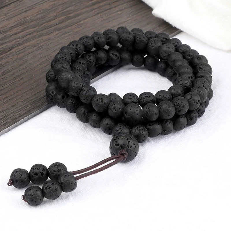 Black Natural Lava Stone 108 Mala Beads Bracelet – Mindfulness Meditation Charm