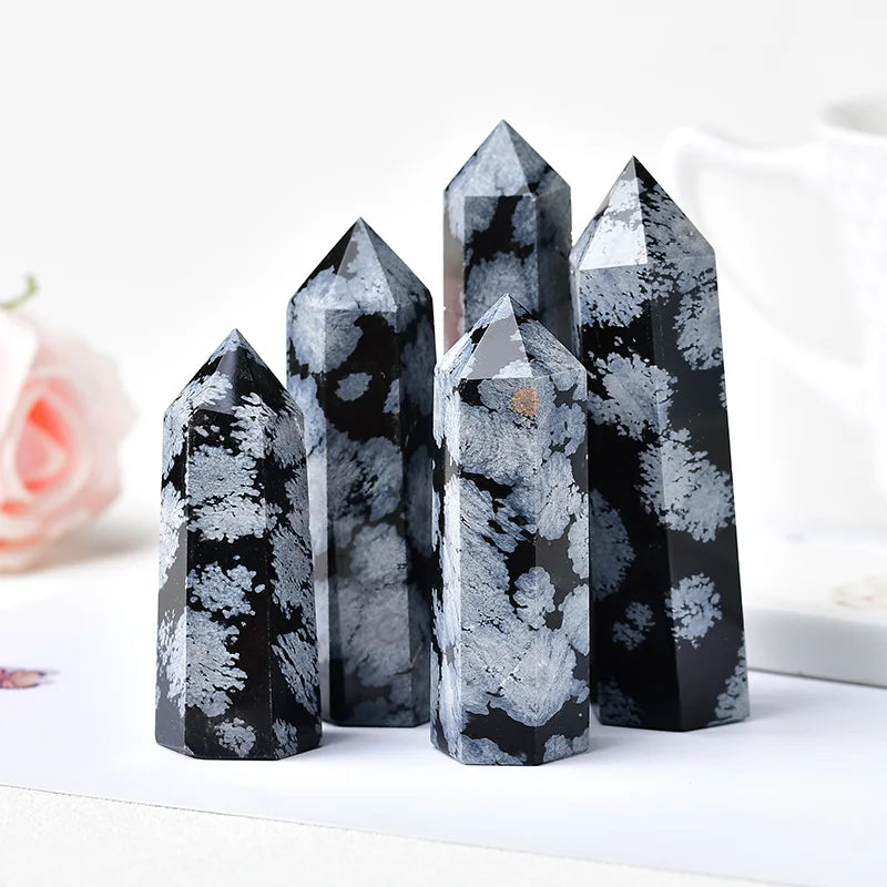 Natural Snowflake Obsidian Quartz Crystal Point Wand – Healing and Decorative