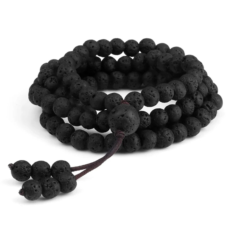 Black Natural Lava Stone 108 Mala Beads Bracelet – Mindfulness Meditation Charm