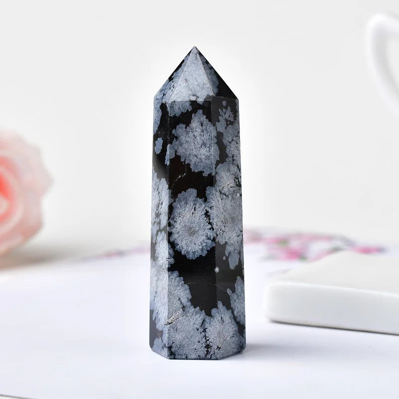 Natural Snowflake Obsidian Quartz Crystal Point Wand – Healing and Decorative