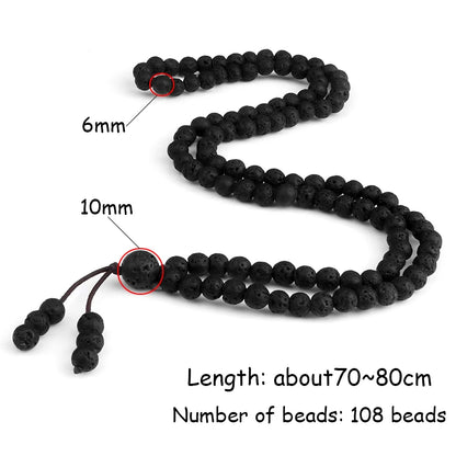 Black Natural Lava Stone 108 Mala Beads Bracelet – Mindfulness Meditation Charm