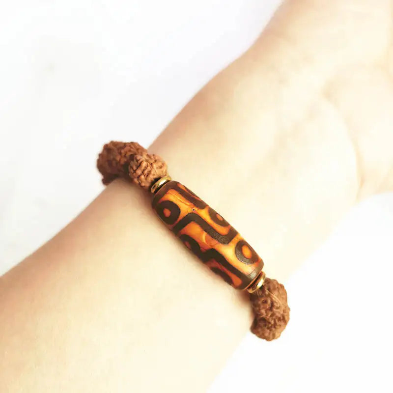 Unisex Bodhi Rudraksha Beads Bracelet with Tibet Dzi & Brass Coin Spacer – Casual/Sporty Style