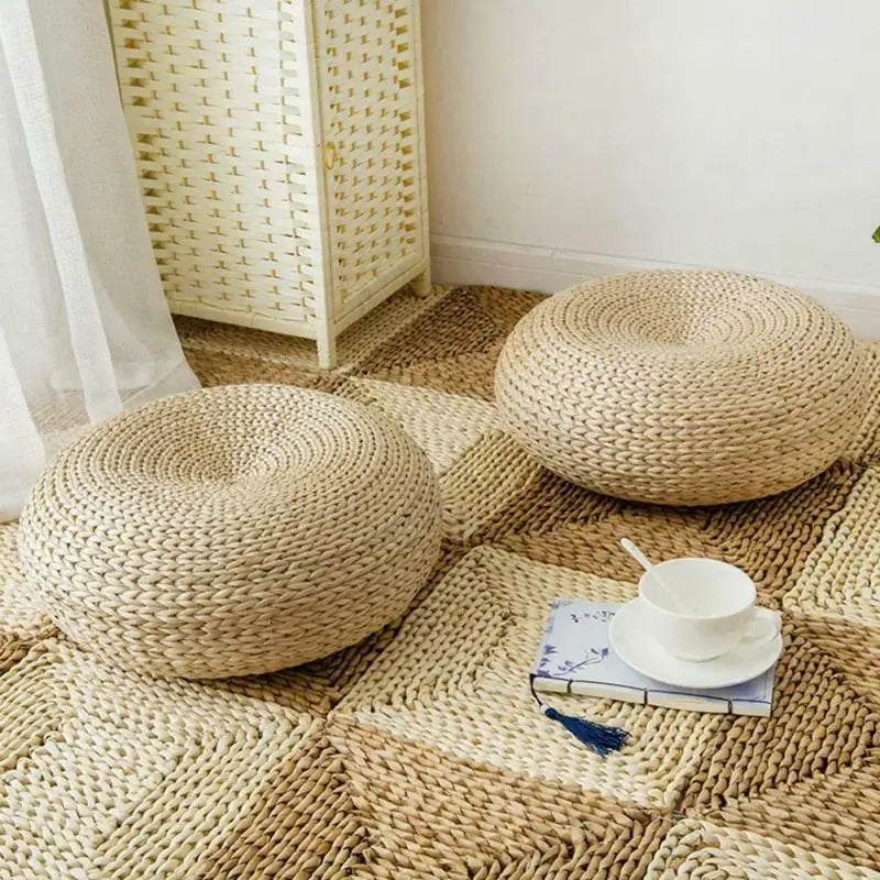 Hand-Woven Round Tatami Cushion - Versatile Floor Pillow for Meditation & Yoga