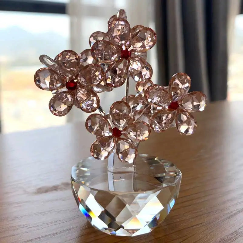 Crystal Plum Flower Figurine – Glass Flower Paperweight Sculpture for Feng Shui and Home Decor