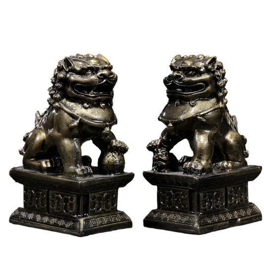 Handmade Resin Feng Shui Lion Statues – Pair for Home, Office, Garden Decoration, Good Luck & Prosperity