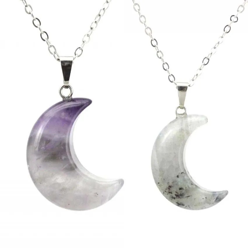 Natural Crystal Crescent Moon Pendant Necklace – Healing Quartz; Labradorite Jewelry for Women