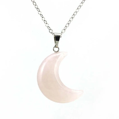 Natural Crystal Crescent Moon Pendant Necklace – Healing Quartz; Labradorite Jewelry for Women