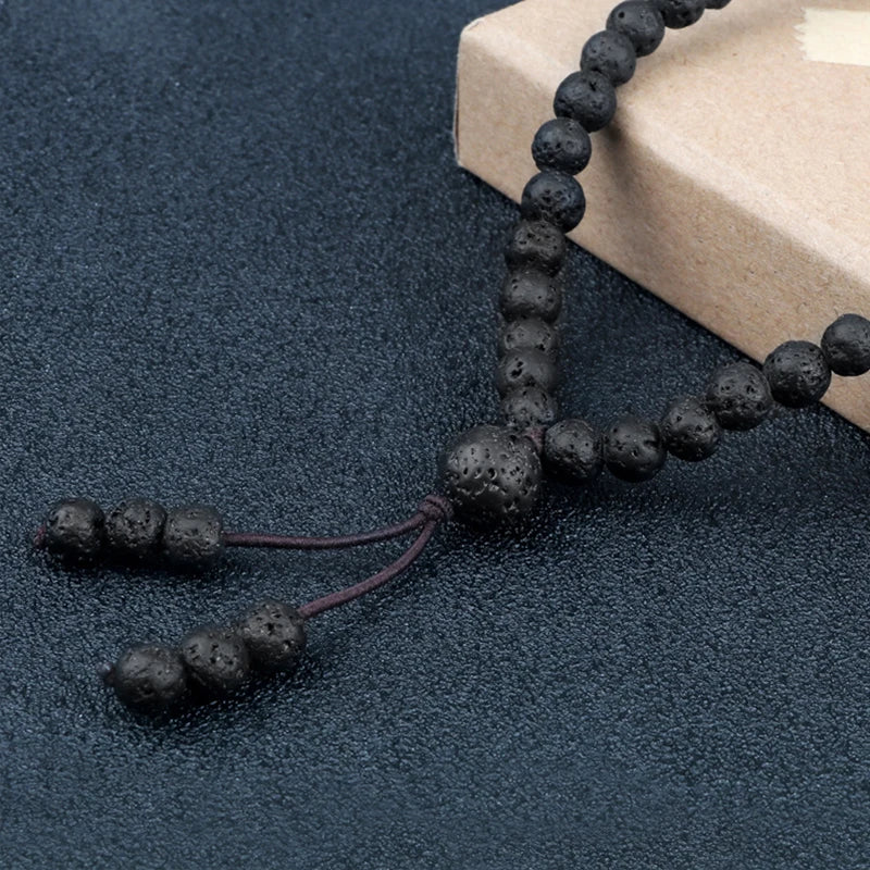 Black Natural Lava Stone 108 Mala Beads Bracelet – Mindfulness Meditation Charm