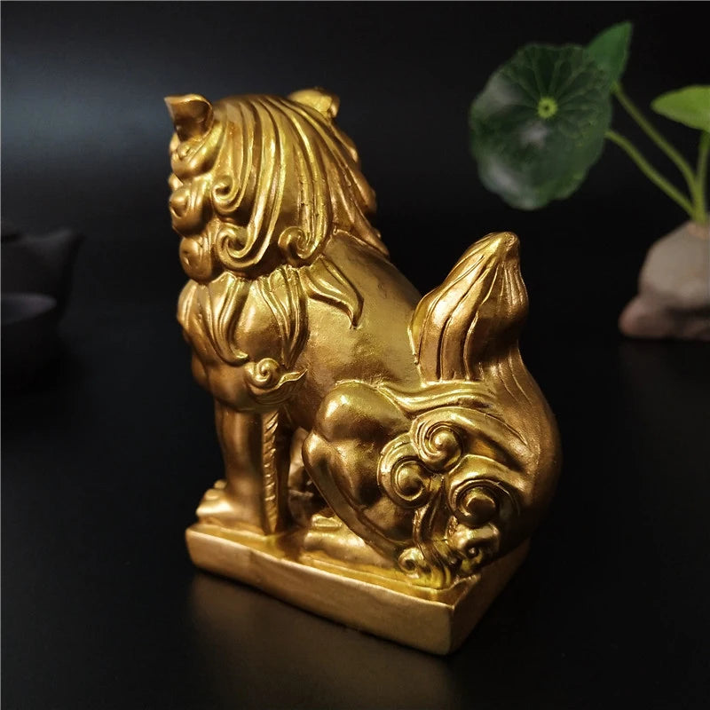 Gold Fu Foo Dogs Lions Statue Sculptures Chinese Dragon Figurines Feng Shui Ornaments Garden Decoration Statues For Home