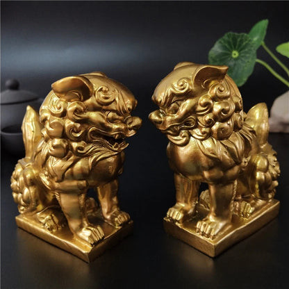 Gold Fu Foo Dogs Lions Statue Sculptures Chinese Dragon Figurines Feng Shui Ornaments Garden Decoration Statues For Home