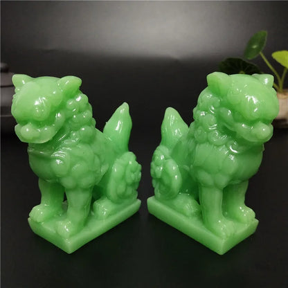 Glowing Chinese Lions Statue Fu Foo Dogs Sculptures Figurine Luminous Man-made Jade Stone Decoration Statues For Home