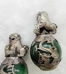 Tibet Silver Dragon Green Jade Phoenix Ball Foo Fu Dog Guardion Lion Pair Statue