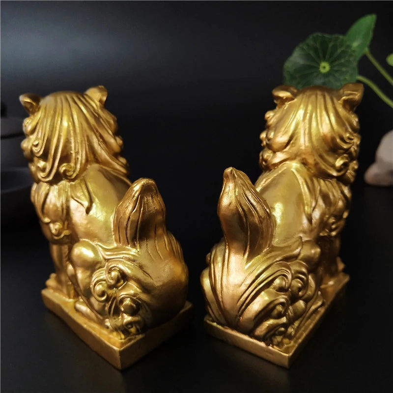 Gold Fu Foo Dogs Lions Statue Sculptures Chinese Dragon Figurines Feng Shui Ornaments Garden Decoration Statues For Home