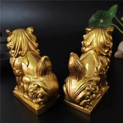 Gold Fu Foo Dogs Lions Statue Sculptures Chinese Dragon Figurines Feng Shui Ornaments Garden Decoration Statues For Home