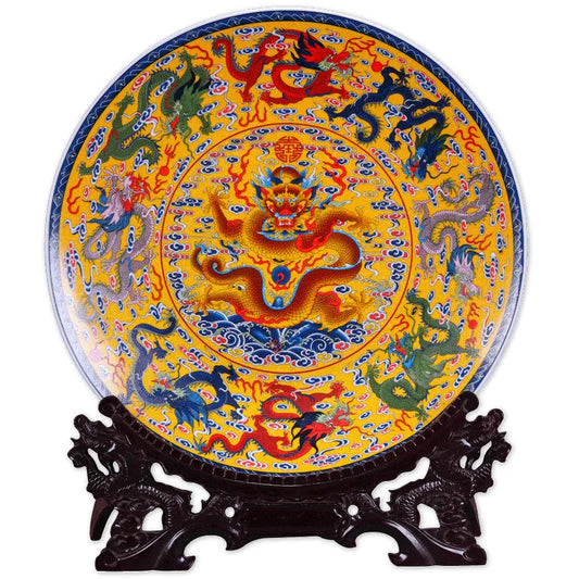 Feng Shui Art Ceramic Ornamental Plate - Nine Dragons Decoration