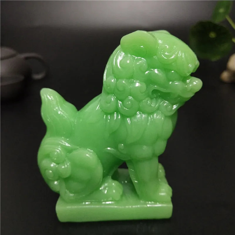 Glowing Chinese Lions Statue Fu Foo Dogs Sculptures Figurine Luminous Man-made Jade Stone Decoration Statues For Home