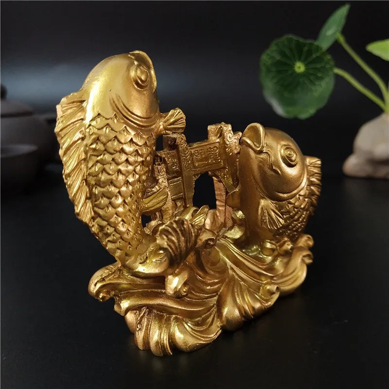 Gold Chinese Feng Shui Buddha Statue - Hand-Carved Animal and Fish Figurine