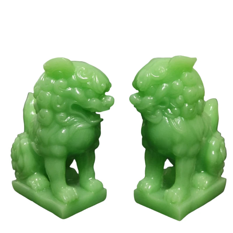 Glowing Chinese Lions Statue Fu Foo Dogs Sculptures Figurine Luminous Man-made Jade Stone Decoration Statues For Home