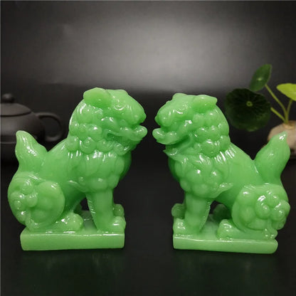 Glowing Chinese Lions Statue Fu Foo Dogs Sculptures Figurine Luminous Man-made Jade Stone Decoration Statues For Home