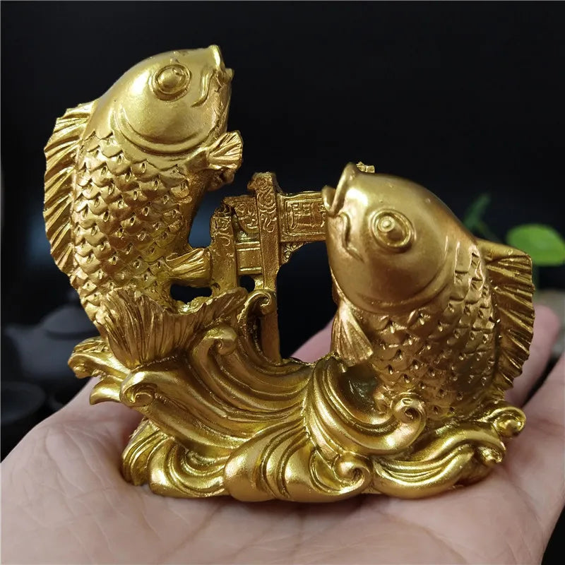 Gold Chinese Feng Shui Buddha Statue - Hand-Carved Animal and Fish Figurine