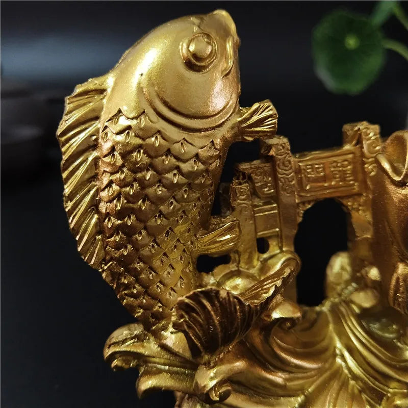 Gold Chinese Feng Shui Buddha Statue - Hand-Carved Animal and Fish Figurine