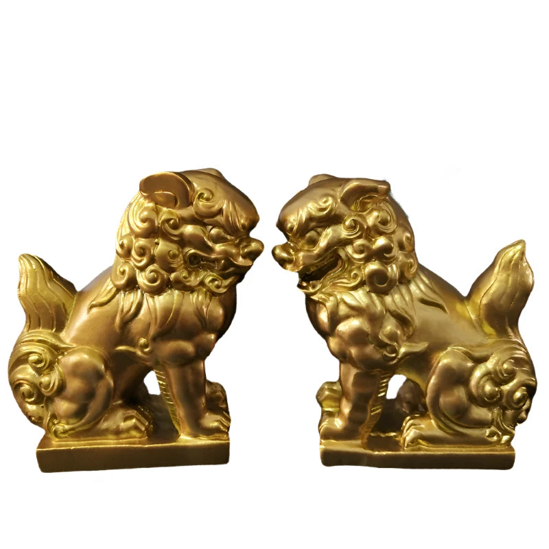 Gold Fu Foo Dogs Lions Statue Sculptures Chinese Dragon Figurines Feng Shui Ornaments Garden Decoration Statues For Home