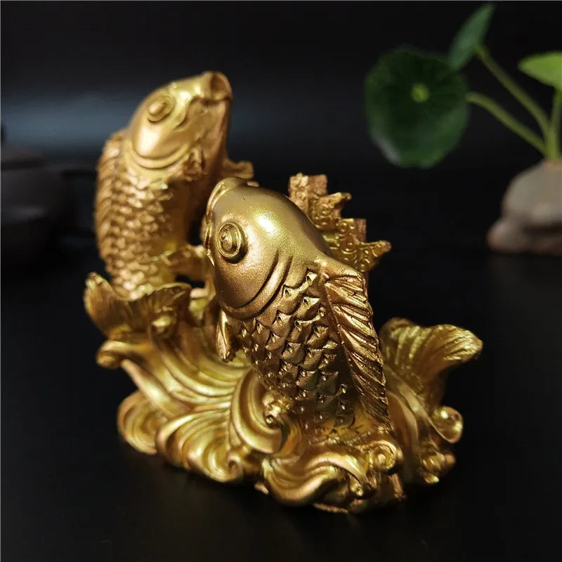 Gold Chinese Feng Shui Buddha Statue - Hand-Carved Animal and Fish Figurine