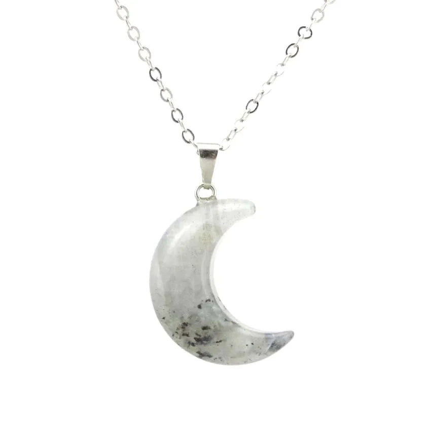 Natural Crystal Crescent Moon Pendant Necklace – Healing Quartz; Labradorite Jewelry for Women