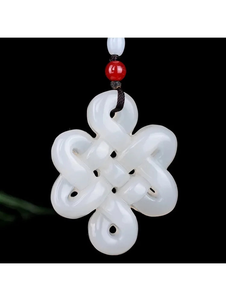 Natural Green and White Jade Chinese Knot Pendant Necklace – Elegant Amulet for Good Fortune